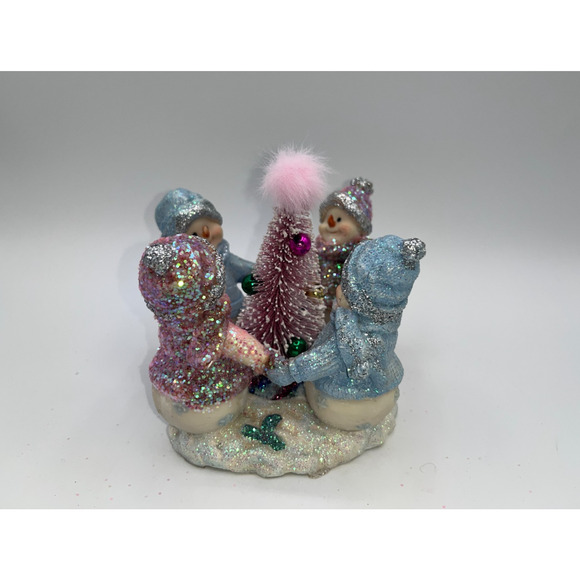 Vintage Four Pastel Pink Blue Snowmen & Pink Bottle Brush Tree Faux Fur OMG OOAK - Picture 9 of 16